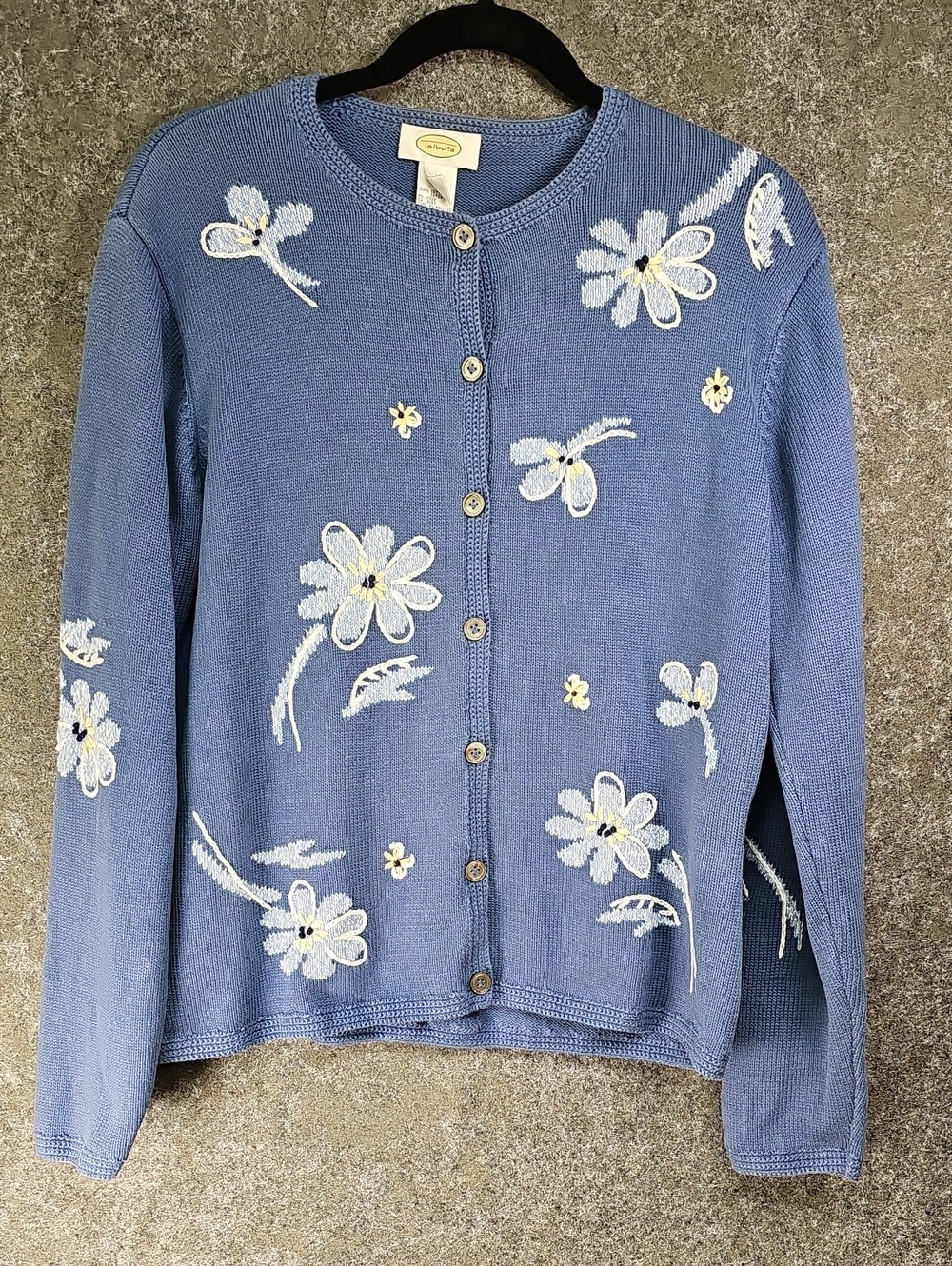 Talbots Floral Embroidered Button Up Cardigan, Blue, Cotton, Size Large